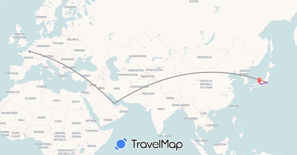 TravelMap itinerary: driving, plane, train, hiking in France, Japan, Qatar (Asia, Europe)